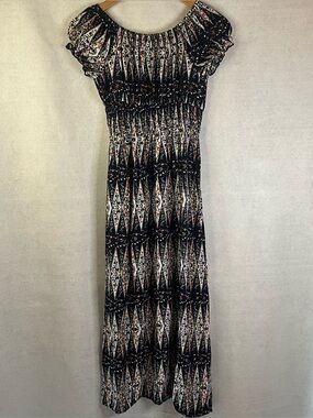Anel Women’s Dress White Black Red Tan Midi Sz M Summer Coastal Bohemian Beach